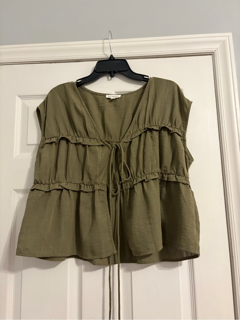 Blu Pepper Olive Tie-Front Tiered Women's Top with matching pants